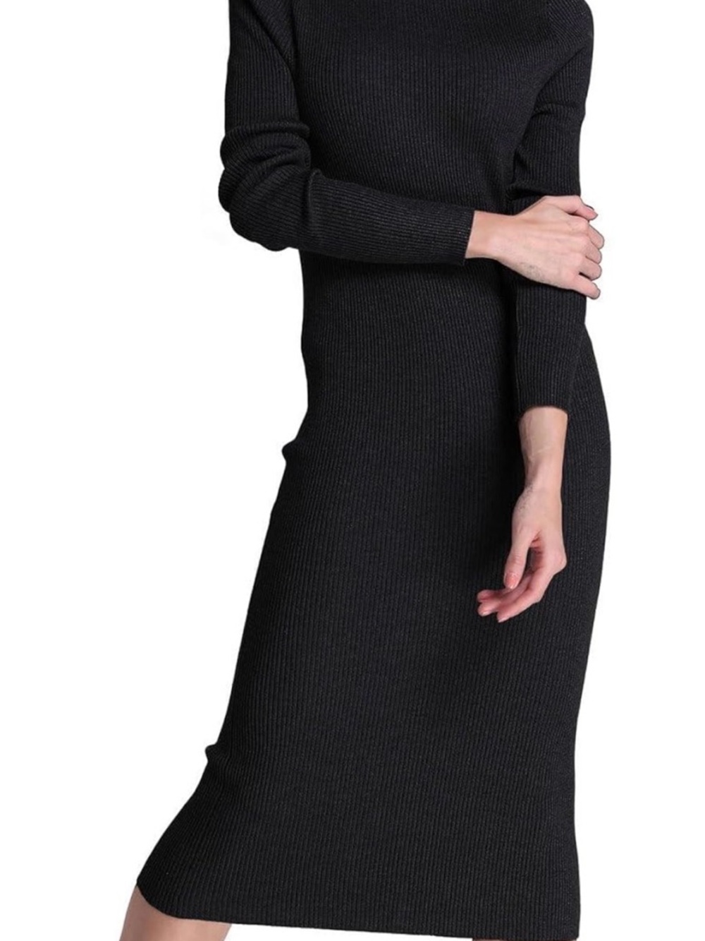 Classic Black Ribbed Midi Dress - Women